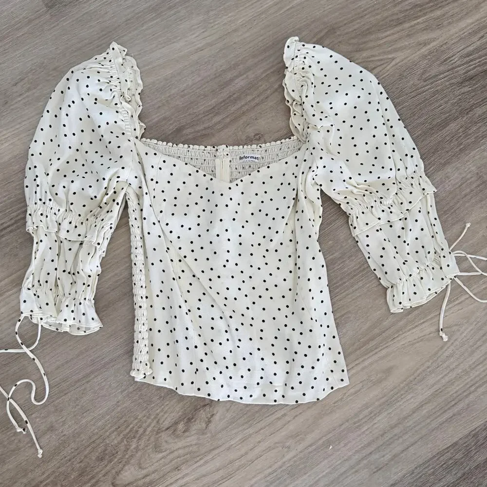 Reformation Nina Polka Dot Puff Sleeve Blouse – Cream/Black